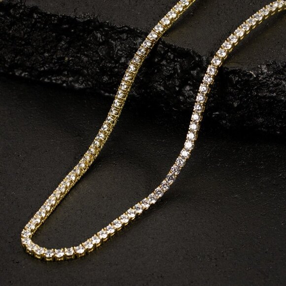 Round Solitaire14K Gold Plated Iced 5A Cz 4mm Classic Tennis Chain Necklace - Picture 4 of 6